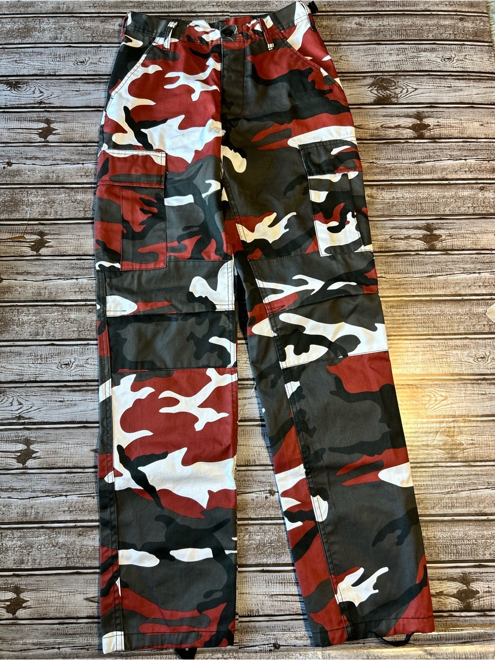 Game Day Red Black White Camouflage Cargo Pants fits like a size 4